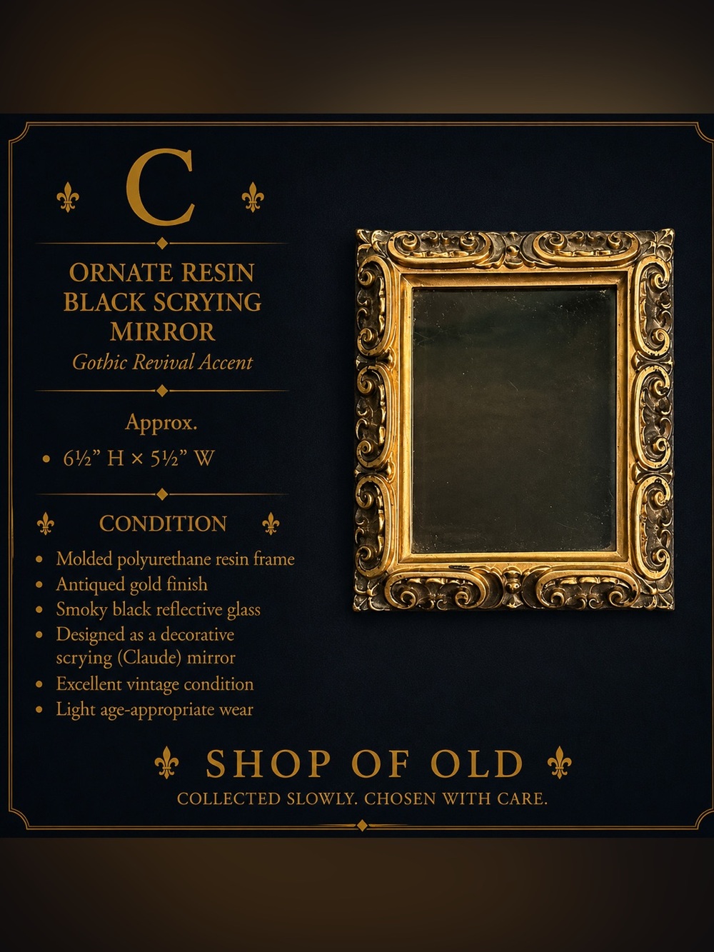 Ornate Resin Black Scrying Mirror | Gothic Revival Claude Mirror